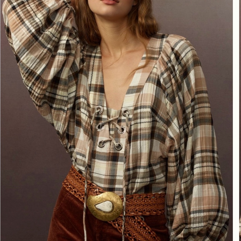 Anthropologie plaid dolman long sleeve lace up blouse large